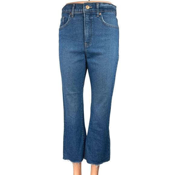 Express Blue High Waist Frayed Hem Cropped Flare Bootcut Denim Jeans Pants Sz 2 - Picture 1 of 6